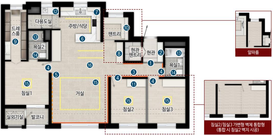 84B 주택형의 거실, 주방, 침실 배치를 보여주는 평면도