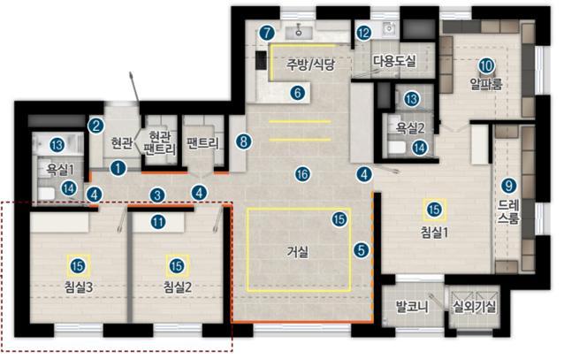 84H 주택형의 거실, 주방, 침실 배치를 보여주는 평면도
